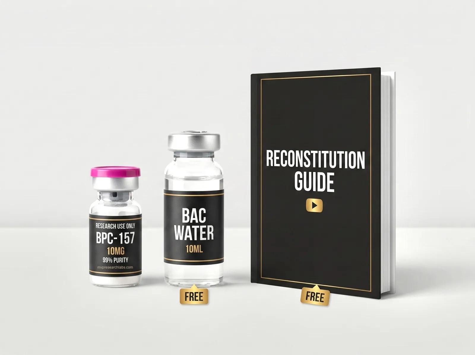 Research peptide vial bundled with bacteriostatic water and a reconstitution guide